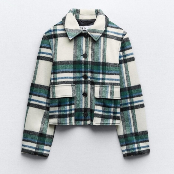 New Zara Plaid Patch Pocket Ecru/Green Shacket Jacket NWT - Picture 6 of 11